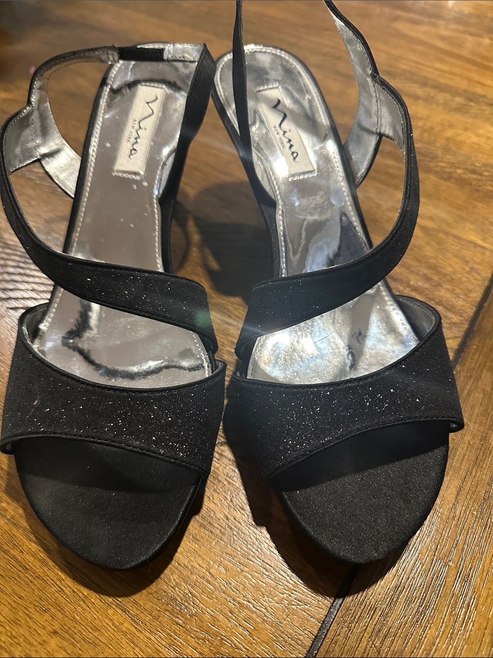 Nina Black Glitter Open-Toe Slingback Heels